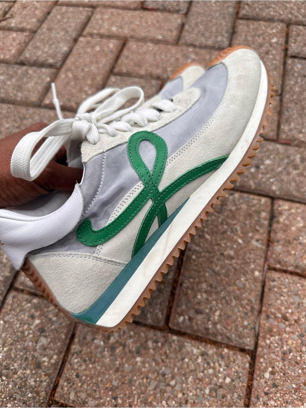 💯Authentic Loewe Flow Runners White & Green Suede-Trim Sneakers